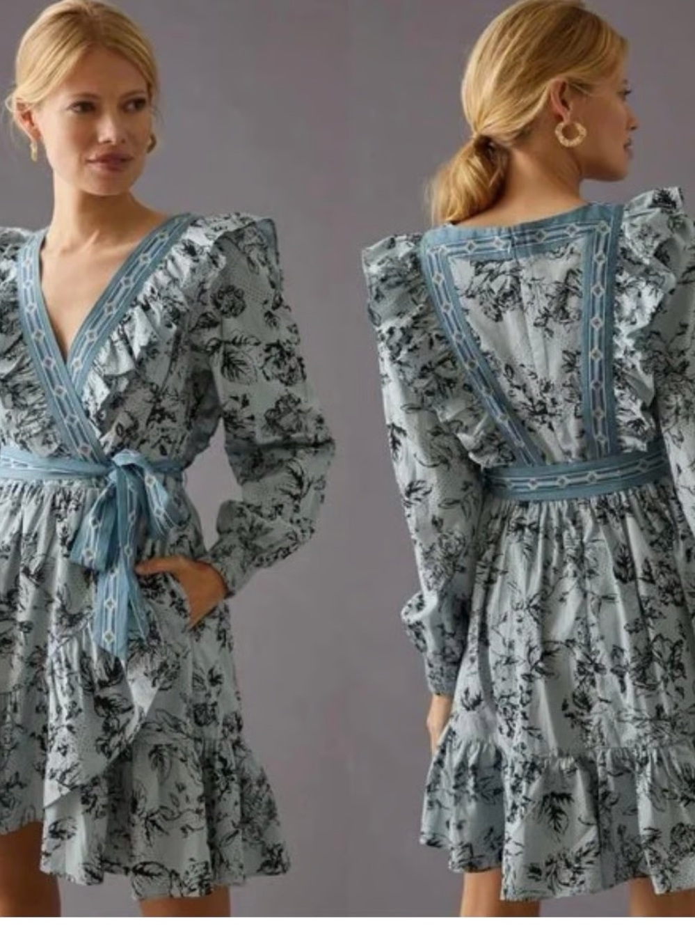 Anthropologie Pale Blue Floral Wrap Dress with Ruffled Trim